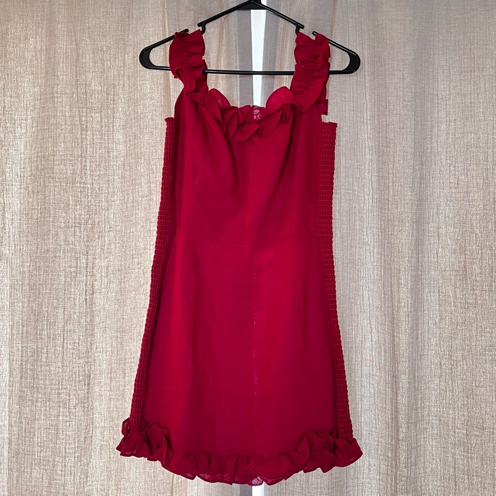 Reformation Mini Off Shoulder Ruched Linen Dress
